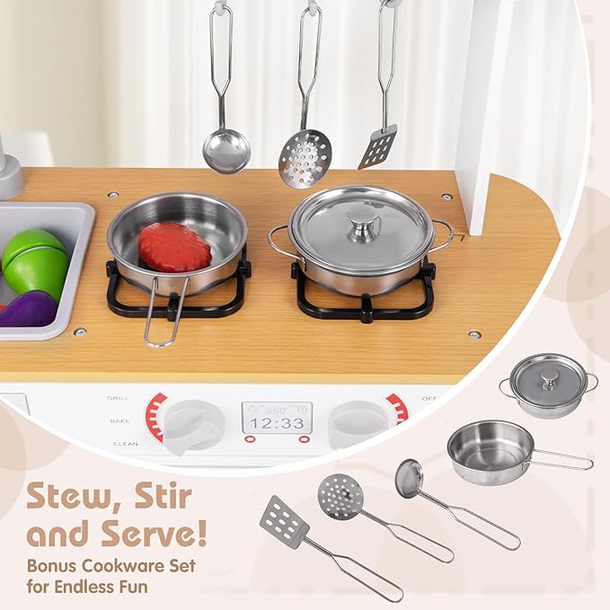 Costzon Play Kitchen for Kids, Wooden Toy Kitchen Set with Blackboard, Faucet, Sink, Oven, Microwave, Dishwasher, Accessories, Pretend Cooking Toy for Toddlers, Kids Kitchen Playset, Gift for Ages 3+