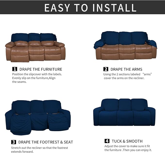Easy-Going 8 Pieces Microfiber Stretch Sectional Recliner Sofa Slipcover Soft Fitted Fleece 3 Seats Couch Cover Washable Furniture Protector with Elasticity for Kids Pet(Recliner Sofa, Navy)