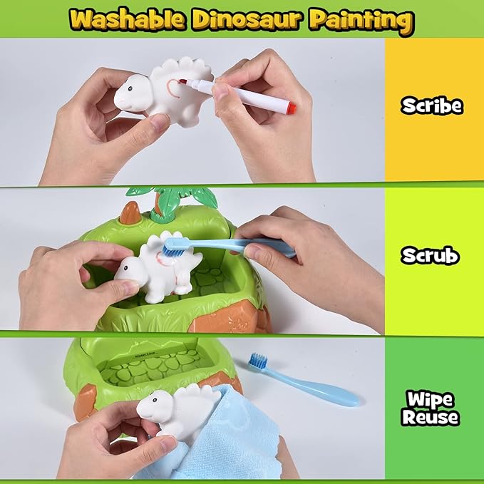 Golray Paint-Wash-Recolor Dinosaur Crafts Kit Painting Toy for Toddler, Bathtub, Washable Marker, Dinosaur, Instruction, Dino Pet Art Activity Dinosaur Toy Gift for 3-5 Year Old Kid Boy Girl