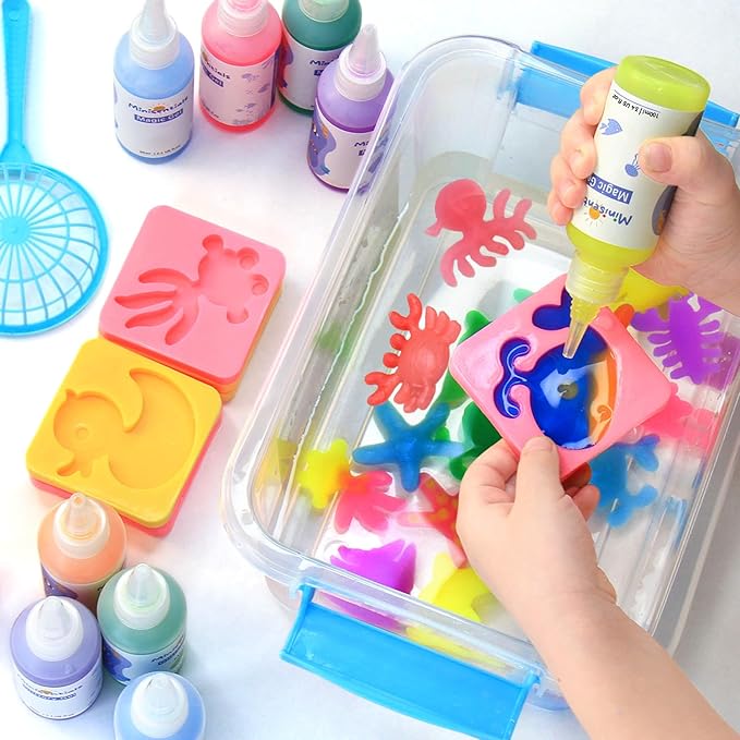 MINISENTIALS Magic Water Elf Toy Kit - 10 Colors Aqua Art Gel 100ml Jumbo Size Famliy Set - 10 Sea Creature Molds Magic Fairy Squishy Maker - Party Favor Birthday Christmas Gift for Kids
