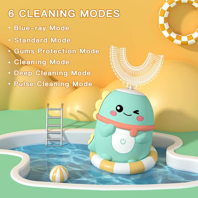 Kids Electric Toothbrush U Shaped Toddler Auto Sonic Toothbrushes with 5 Brush Head,Cartoon Dinosaur Ultrasonic Toothbrushes for Children 2-12 Years,360° Full Mouth Cleaning Automatic