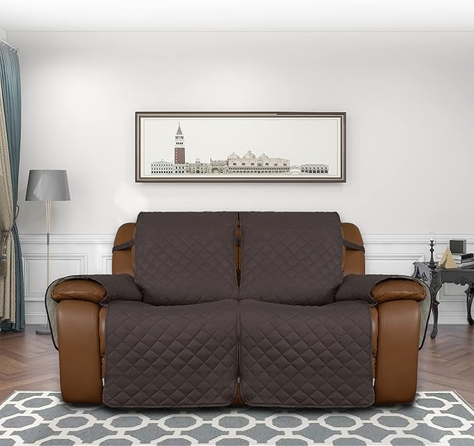 Easy-Going Loveseat Recliner Cover, Reversible Couch Cover for Double Recliner, Split Sofa Cover for Each Seat, Furniture Protector with Elastic Straps for Kids, Dogs, Pets(2 Seater, Chocolate/Beige)