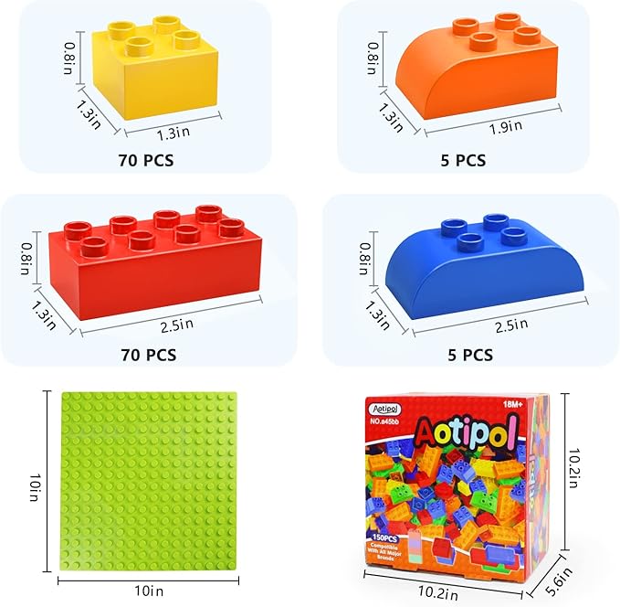 Building Blocks for Toddlers 2-5 Including a Baseplate, 150 Piece Big Building Blocks for Kids, Block and Bricks Set Educational Toys for Children Boys Girls All Ages, Compatible with All Major Brands