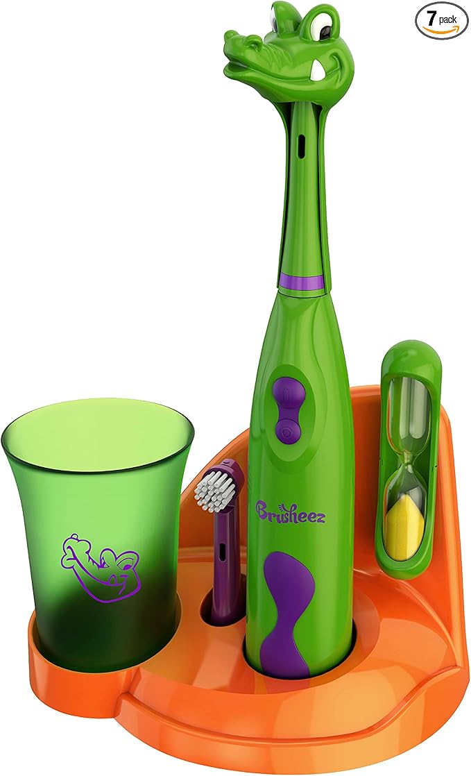 Brusheez Kids’ Electric Toothbrush Set - Safe & Effective for Ages 3+ - Parent Tested & Approved with Gentle Bristles, 2 Brush Heads, Rinse Cup, 2-Minute Timer, & Storage Base (Snappy The Croc)