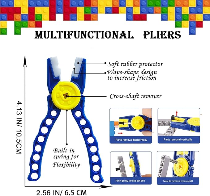 Building Blocks Tool Kit Brick Separator Tools Compatible with Lego &Technic Mini Blocks Tool Set Multi-Functional Hammer Pliers Tweezers Finger Protectors with Tin Box (Blue)