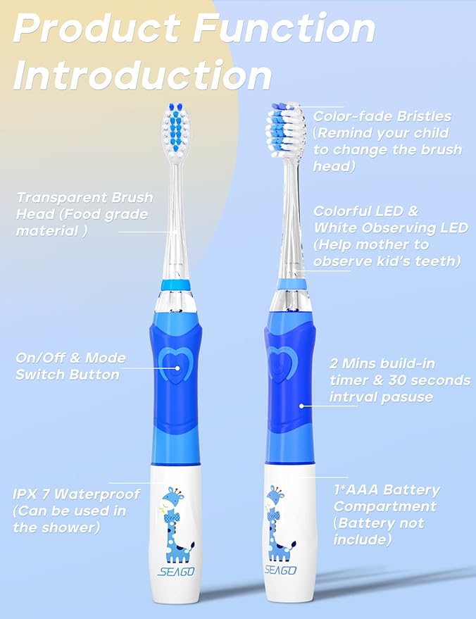 SEAGO Kids Electric Toothbrush with 2 Mins Brushing Timer and 4 Replacement Bursh Heads, Rainbow LED Light Make Brushing Fun, Blue Color Boys Battery Powerd Toothbrush for 4-12 Years Old，SG-977