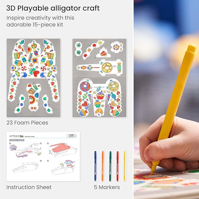 Arteza Kids 3D Coloring Puzzle Set, 1 Alligator to Craft, Model Kit with 10 Foam Pieces, 5 Nontoxic Markers, & Easy-to-Follow Instructions, Art Supplies for Kids’ Activities