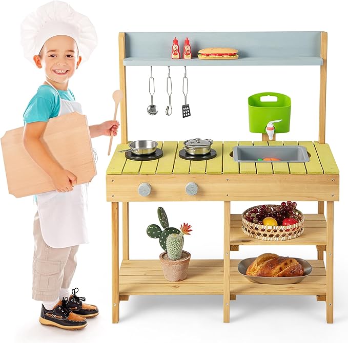 HONEY JOY Mud Kitchen, Fir Wooden Play Kitchen for Toddlers, Mud Table, Running Water, Removable Sink, Outdoor Kids Kitchen Playset, Mud Kitchen for Kids Outdoor, Gift for Boys Girls