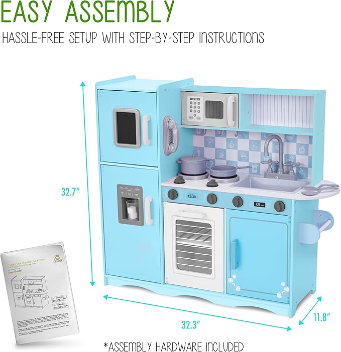 Lil' Jumbl Kids Kitchen Set, Pretend Wooden Play Kitchen with Chalk Board, Play Phone, Towel Rack & Ice Dispenser, Clicking Knobs, Pots & Utensils Included - Blue