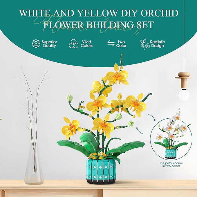 BAKA Orchid Flower Building Kit for Adults and Kids, Orchid Bonsai Building Set for Home Decor Botanical Collection in White and Yellow Orchid, Idea Gift for Valentines Day, Birthday - 1110pcs