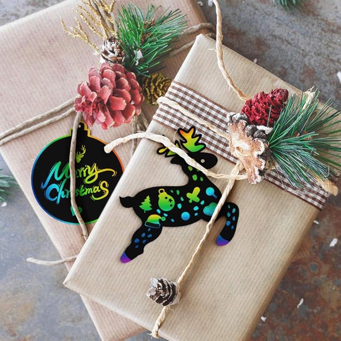 ORIENTAL CHERRY Christmas Scratch Crafts Arts, 48 DIY Rainbow Scratch Art Bulk Cards, Rainbow Scratch Paper Supplies Toys for 3-12Years Old Kids Favord Gift for Christmas Party Games Projects Kits