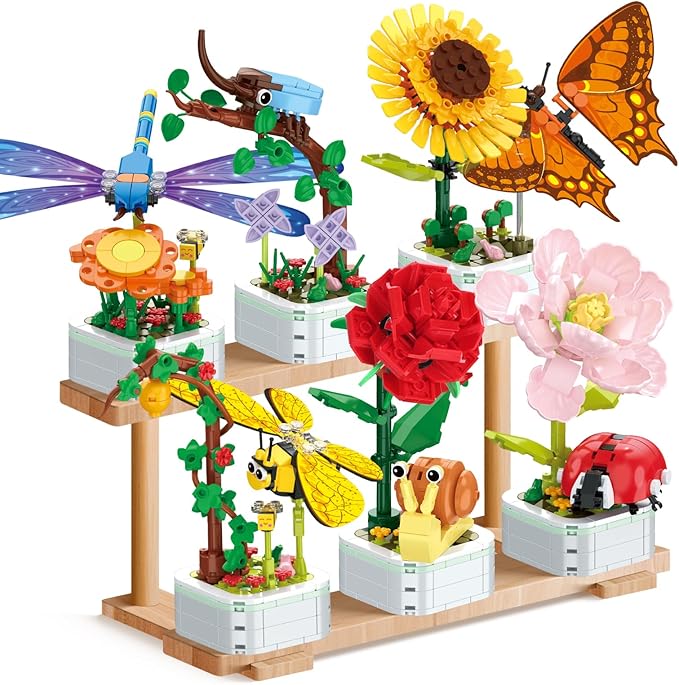 POKONBOY 6 Pack Flowers Building Set, Creative Flower Building Toys Bonsai Building Kits Botanical Collection for Home Room Decor Christmas Birthday Gift for Girls Boys Aged 6 and Up