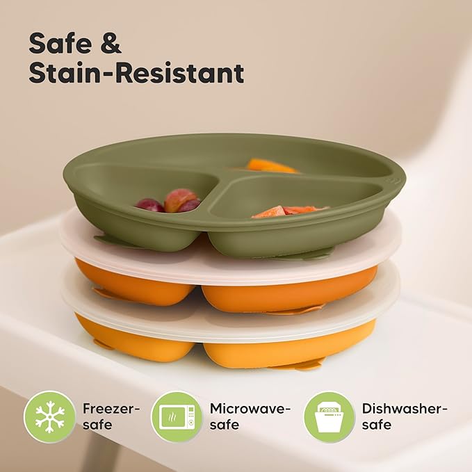 KeaBabies Suction Plates with Lids for Baby - 3-Pack 100% Silicone Suction Plates for Baby, Kids,Toddler Plates,Divided Baby Plates with Suction,Lids, BPA-Free, Microwave, Dishwasher Safe (Harvest)