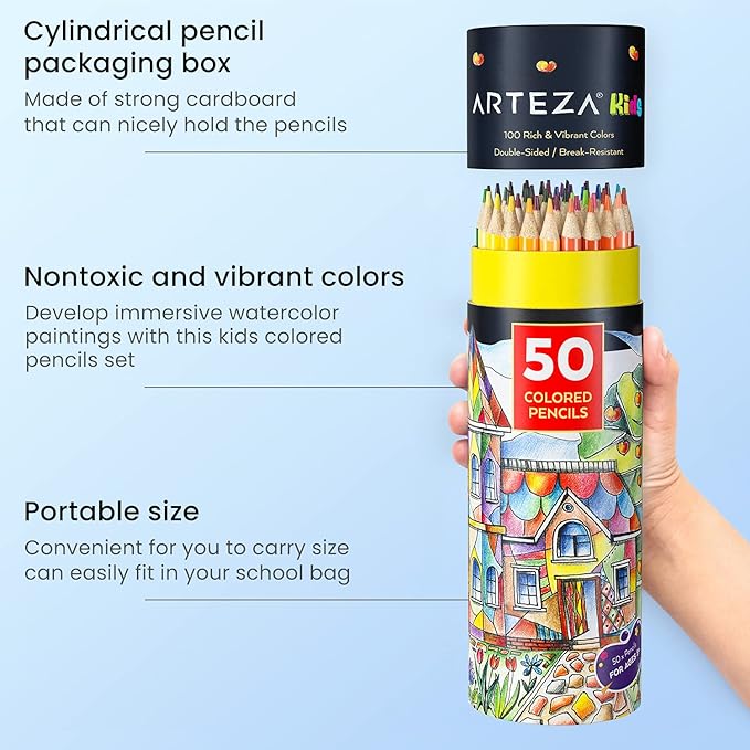 ARTEZA 100 Colored Pencils for Kids, 50 Double-Sided Pre-Sharpened Coloring Pencils for Kids for Drawing and Sketching