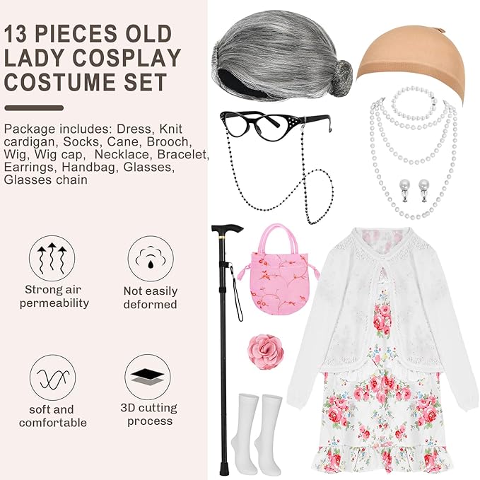 MGparty 100th Day of School Costume for Girls, Old Lady Costume for Kids, Grandma Cosplay Dress Up Accessories