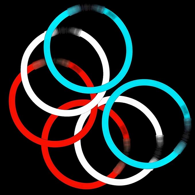 8" Glow Stick Bracelets - Bulk 50 Pack for Mardi Gras, St. Patrick's Day, and Nighttime Celebrations - Red/White/Blue