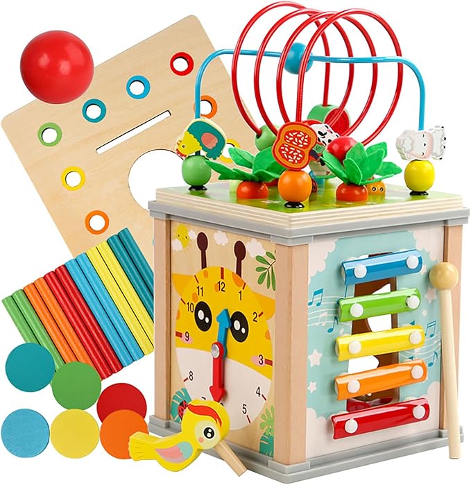 Toddlers Montessori Wooden Educational Toys, Wooden Baby Activity Cube,10 in 1 Carrot Pulling Baby Toy Gifts for 1+ Year Old Girls & Boys, Animal Shape Sorting Cube Toys for Kids