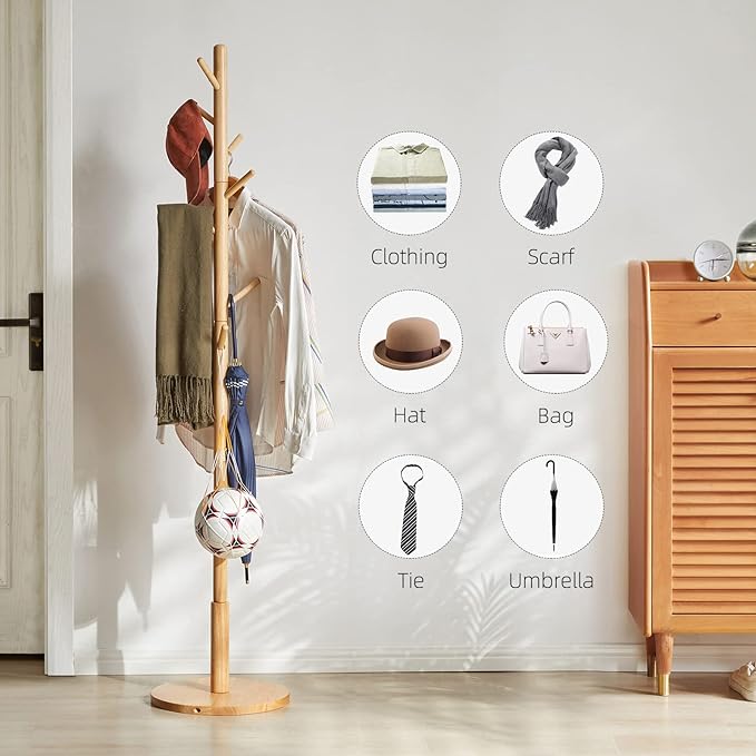 Wooden Coat Rack, Free Standing Coat Stand with 8 Hooks and 3 Height Options, Sturdy Kids Coat Tree Easy to Assemble, for Entryway Home Office Jackets Hat Purse Natural YD-1010