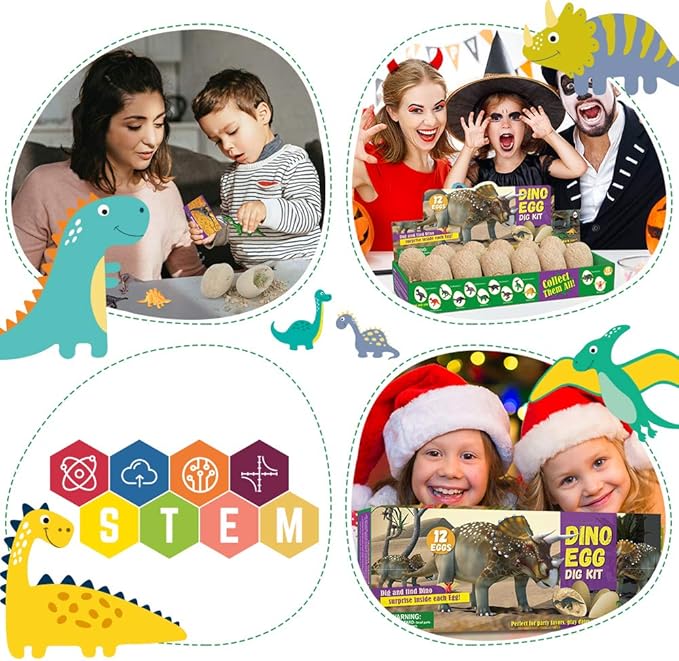 XXTOYS 𝐃𝐢𝐧𝐨 𝐄𝐠𝐠 𝐃𝐢𝐠 𝐊𝐢𝐭, Dig a Dozen Dinosaur Eggs Excavation Kits with 12 Unique Dinosaur Toys, Dinosaur Dig for Kids, Easter Party Archaeology Paleontology Educational Science STEM Gift