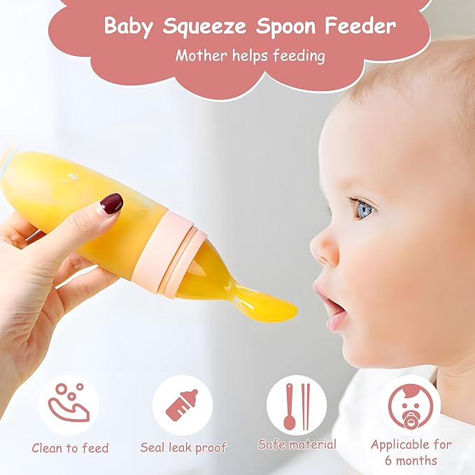 WAJIAYON Baby Food Feeder 4 Pack Silicone Baby Food Dispensing Spoon-3 oz Squeeze Feeding Spoons with Suction Cup for Boys Girl Kids Toddlers - Self Feeding Bottle Spoon-Sakura Pink