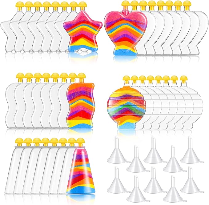 Liliful Sand Art Bottles for Kids, Sand Art Plastic Crafts Kit Bulk Arts Crafts Kit, Include Clear Sand Art Bottles with Funnel for Boys Girls DIY Sand Arts Crafts Party (80 Pcs)