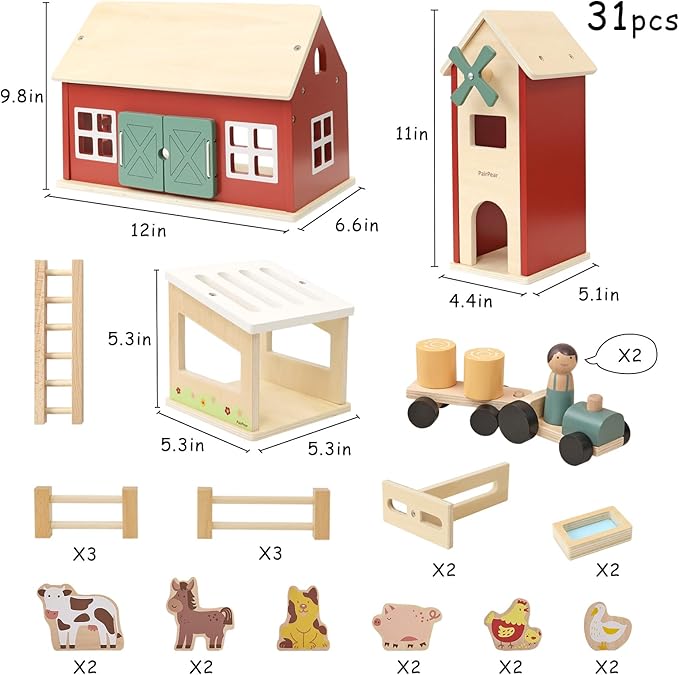 PairPear Wooden Barn Farm Toys with Farm Animals Figures and Tractor, Educational Stacking Learning Toys Gift for Toddler Girls Boys 3+