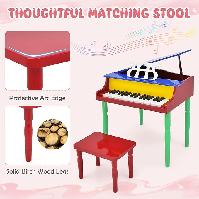 Goplus 30-Key Classical Kids Piano, Mini Grand Piano Wooden Learn-to-Play Musical Instrument Toy with Bench, Piano Lid, Music Rack, Gift for Boys Girls Aged 3+ Baby Toddler (4 Straight Leg-Colorful)