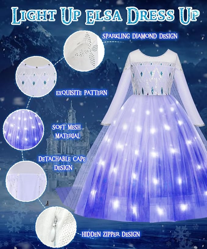 TOLOYE Princess Dresses for Girls, Light Up Elsa Anna Frozen Dress Up with Accessories for Birthday Halloween Carnival