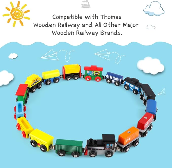 Wondertoys 16 Piece Magnetic Wooden Train Set for Toddlers - Includes Storage Bag and Track Accessories