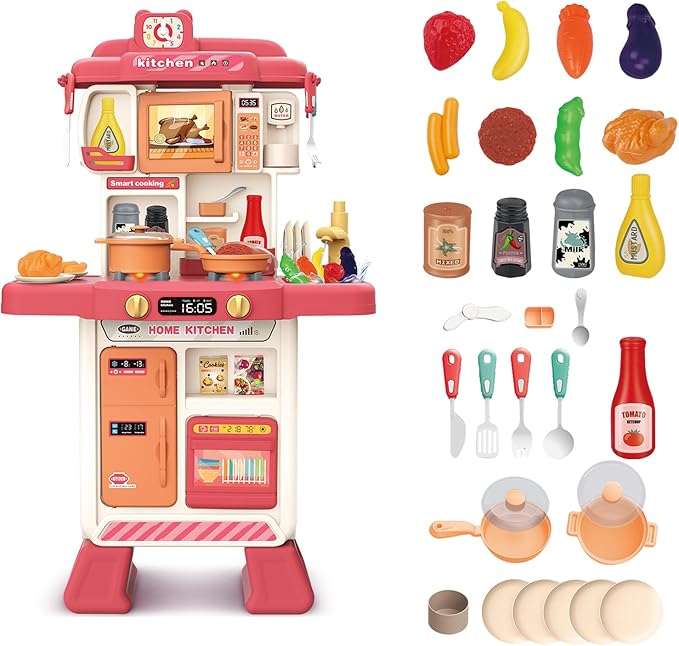 deAO Kids Kitchen Playset 35PCS Play Kitchen Toys Accessories with Sounds Lights,Cooking Stove Steam,Pretend Play for Toddler Aged 3 4 5 6 7 8 Years (Pink)