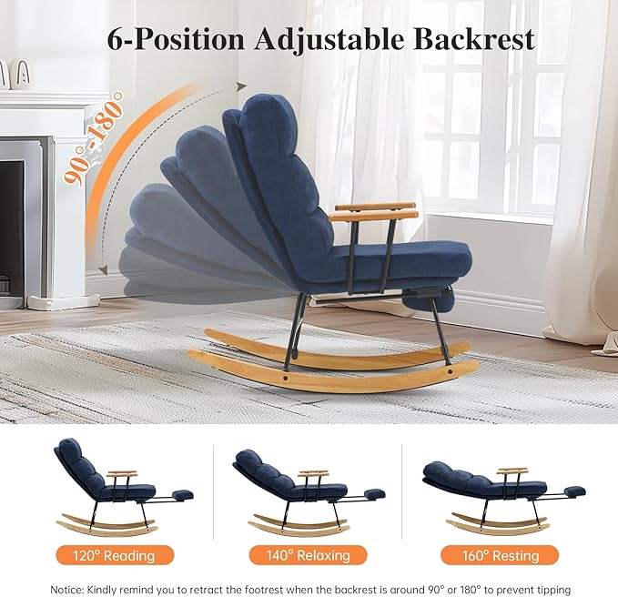 Rocking Chair with Footrest-Glider Rocker Chair with Retractable Footrest and Adjustable Backrest, Teddy Upholstered Rocking Chair, Modern Accent Chair for Living Room/Nursery/Bedroom/Outdoor-Blue