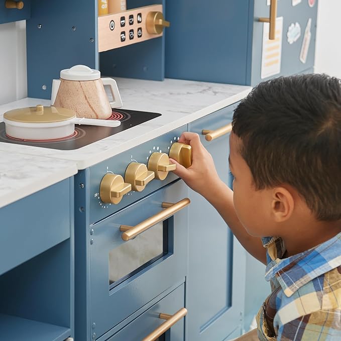 Teamson Kids Little Chef Atlanta Large Modular Wooden Play Kitchen with Interactive, Realistic Features, and 17 Kitchen Accessories, for 3yrs and up, Blue/White/Gold