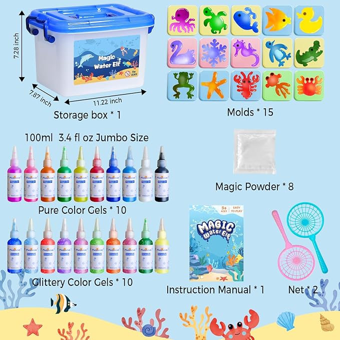 MINISENTIALS Magic Water Elf Toy Kit - 20 Colors Aqua Art Gel 100ml Jumbo Size Famliy Set - 15 Sea Creature Molds Magic Fairy Squishy Maker - Party Favor Birthday Christmas Gift for Kids