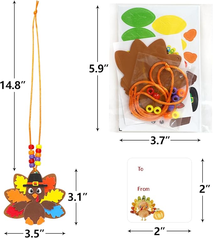 WorldBazaar Turkey Craft Kits For Kids 12 Pack Thanksgiving Turkey Necklace Crafts Bulk DIY Turkey kits Thanksgiving Party Activities Game