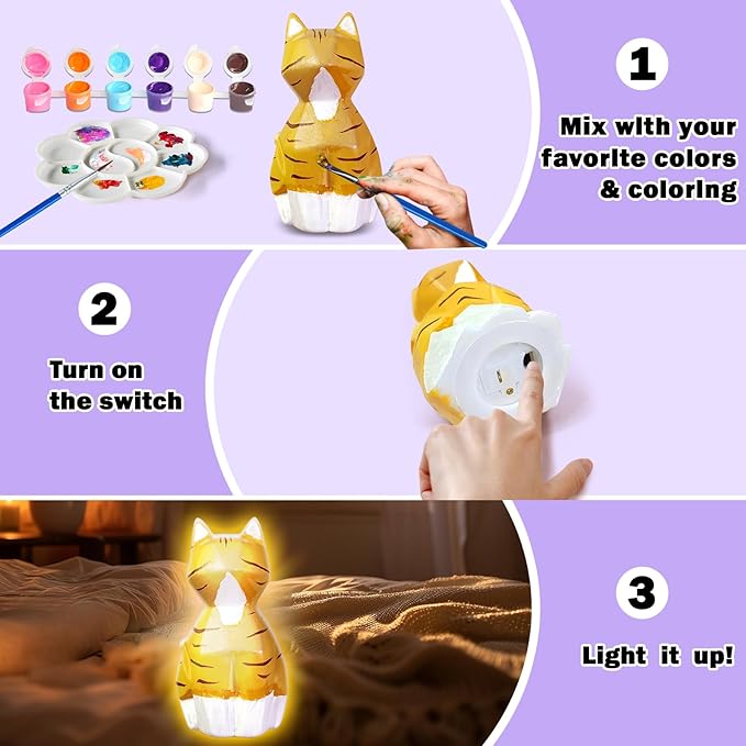 FUNZBO 2Pcs Paint Your Own Cat Lamp - Arts and Crafts for Kids Teens Adults, Art Supplies Painting Kits, Halloween Toy Gift for Girl Boy Ages 3+ Years Old