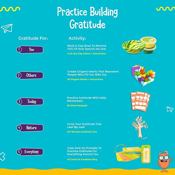 Open The Joy Gratitude Box for Kids - DIY Wooden Craft, Clay Bowl Kit, Origami Activities, Gratitude Journal, and Reflection Cards - Educational Emotional Learning Toys for Ages 4+