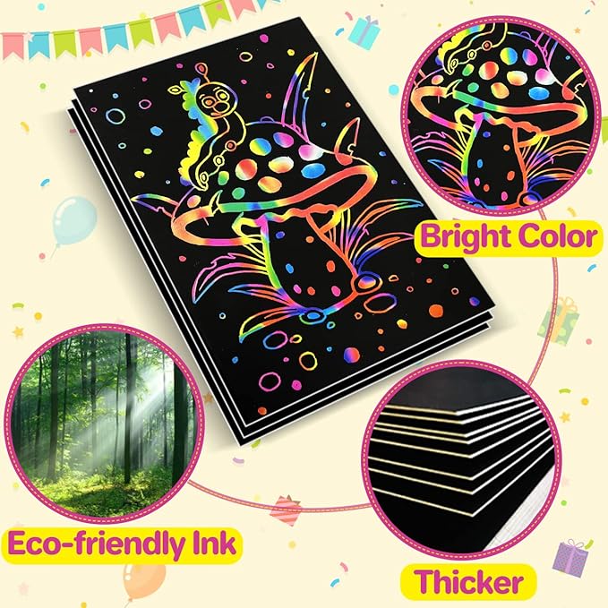 Scratch Paper Art Gifts: Rainbow Scratch Off Art-Craft Supplies Kits Pad for 3 4 5 6 7 8 Year Old Boys Girls Toys for Birthday Christmas Halloween Thanksgiving Party Favors Fun Games