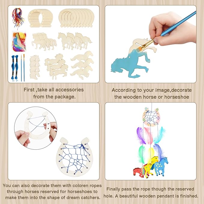 Fennoral 30 Pack Wooden Horse Craft for Kids Unfinished Wooden Cutouts Horse Horseshoes for Girls Boys Paint You Own Horse Dream Catcher Craft for Kids DIY Art Activity Party Favors Decoration