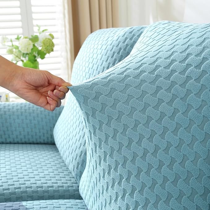 vctops 4 Pieces Jacquard Plush Recliner Slipcovers Stretch Soft Sofa Couch Cover Anti-Slip Solid Color Furniture Protector with Elastic Bottom for Kids Cats Dogs (Sky Blue,1 Seat)