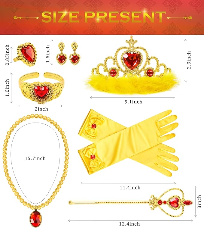 Princess Dress Up Accessories Princess Gloves, 7pcs Dress Up Set for Toddler Girls (Yellow, 7PCS)