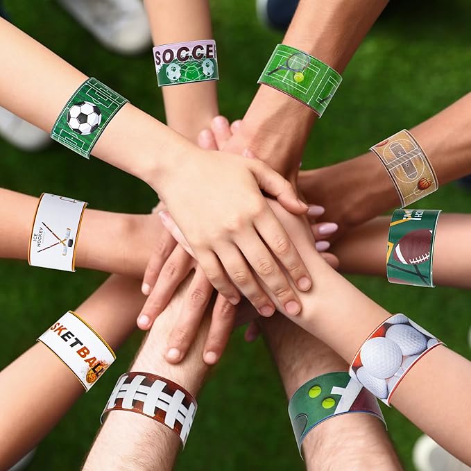 72PCS Sport Slap Bracelets Wristband Sport Party Favors Set, Sport Birthday Party Match Supplies Classroom Prizes, Sports Themed Bracelets for Kids and Adults, 12 Patterns