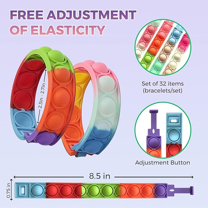 32 PCS Bracelets Glow in The Dark Pop it Fidget Toy, Rainbow Party Favors, Stress Relief Wristband Set, Push Bubbles Sensory Autistic Pack Kids Ages 5 8 12 Adult Student Gift