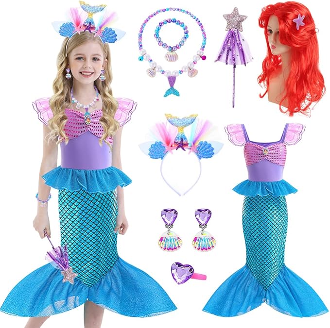 Mermaid Costume Dress, Mermaid Princess Dress for Girls with Wig Headband Necklace for Birthday Party Cosplay
