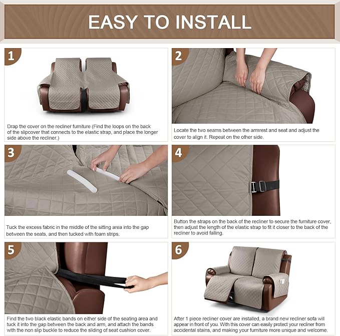 KinCam Waterproof Oversized Loveseat Recliner Cover, Non-Slip Reclining Couch Covers for 2 Seat, Recliner Sofa Cover Furniture Protector with Elastic Straps for Kids, Pets, Khaki