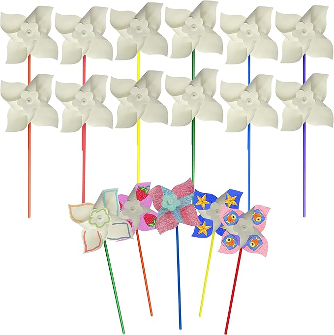 4E's Novelty DIY Pinwheels Craft for Kids (24 Pack) Color Your Own White Pinwheels, Bulk Summer Craft Kit for Boys & Girls, Arts and Craft Party Activity, Patriotic 4th of July Crafts