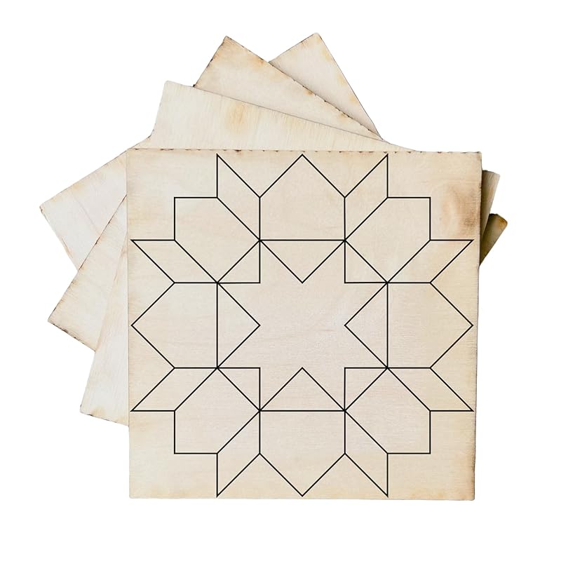 Set of 4 Mini Quilt Block Pattern, Wood Barn Star DIY Kits for Adults, Tiny Wall Hanging Do It Yourself Painting Craft Kit (Swoon)
