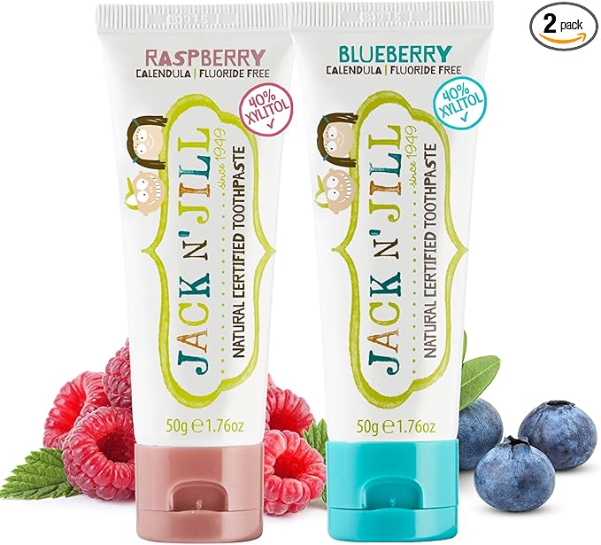 Jack N' Jill Natural Toddler Toothpaste for Baby, Kids and Infants 6 Months & Up, Fluoride Free Training Toothpaste for Toddlers 1-3 (1.76 Fl Oz (Pack of 2), Blueberry & Raspberry)