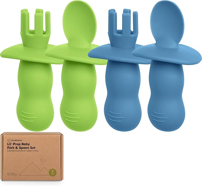 KeaBabies 4-Pack Silicone Baby Spoons and Forks Set - Baby Spoon Self Feeding, BLW Baby Utensils 6-12 Months, Baby Led Weaning Feeding Spoon, Teething Infant Baby First Food Training Pre Spoon (Kea)