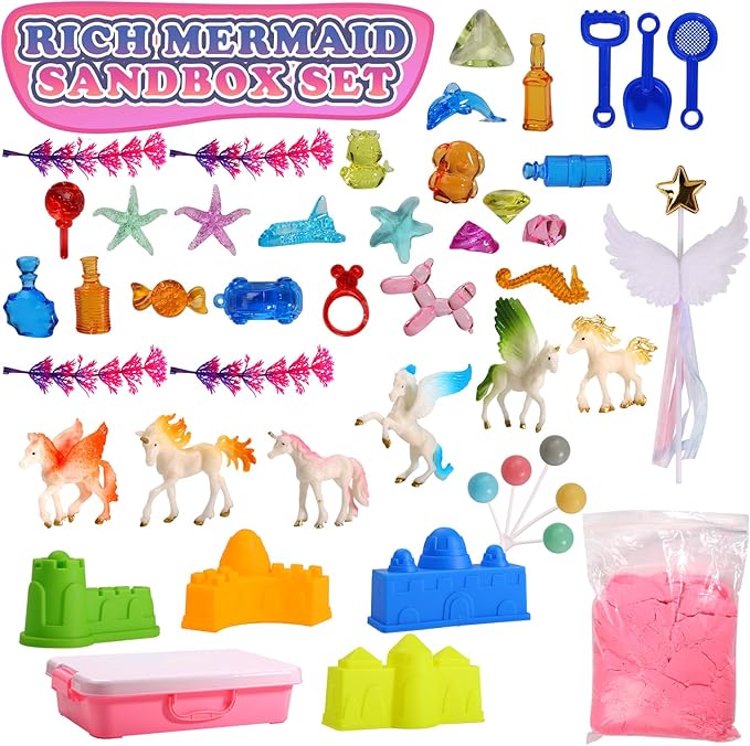 GAIETYDIY Unicorn Magic Sand Kit for Girls, Sensory Bins for Toddlers with LED Light, 2.2lbs Sensory Sand, Castle Decoration, Sandbox with lid, Unicorn Play Set, Beach Toy Gift for Kids 3 4 5 6 7 8…