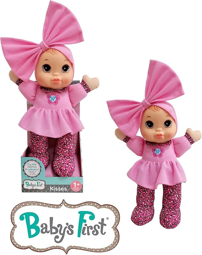 Baby's First Soft & Cuddly Baby Kisses Doll - Dressed in Pink Top and Print Leggings - Press her Tummy for a Sweet Kisses Sounds and Says I Love You